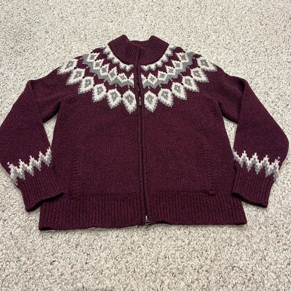 LL Bean Full Zip Fair Isle Lambswool Sweater L Nordic Winter Preppy Classic